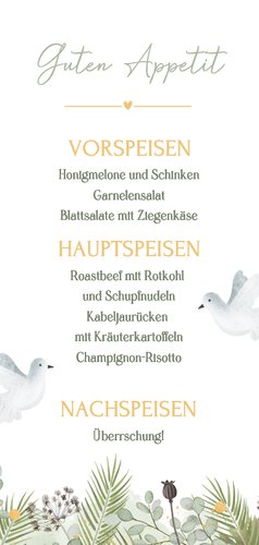 Menükarte zwei Hochzeitstauben mit grünen Zweigen Rückseite
