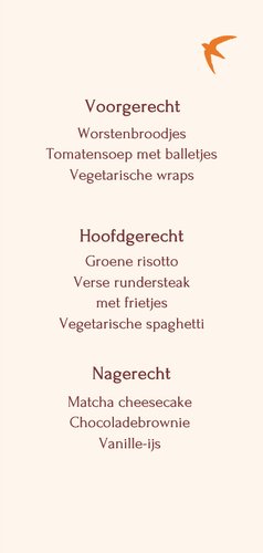 Menukaart lentefeest oranje vogeltjes met roze streep Rückseite