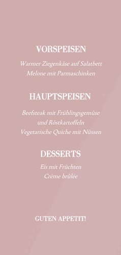 Rosa Menükarte zur Kommunion weiße Taube Rückseite