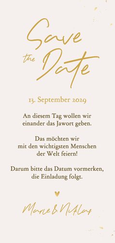 Save-The-Date-Karte Goldschrift und Foto Rückseite