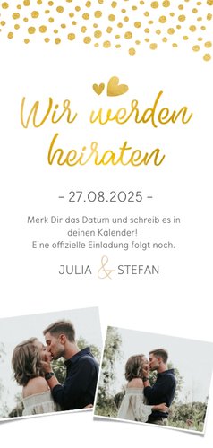 Save-the-Date-Karte mit Kalender und goldenen Herzen Rückseite