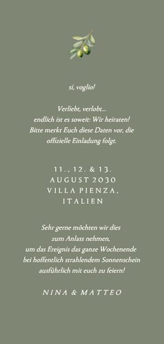 Save-the-Date Karte Olivenzweig Auslandshochzeit Weekend Rückseite
