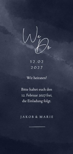 Save-the-Date-Karte Silber-Zweige auf Nachtblau Rückseite