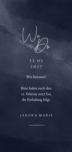 Save-the-Date-Karte Silber-Zweige auf Nachtblau Rückseite