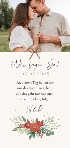 Save-the-Date-Karte Trachtenhochzeit Dirndl & Lederhose Rückseite