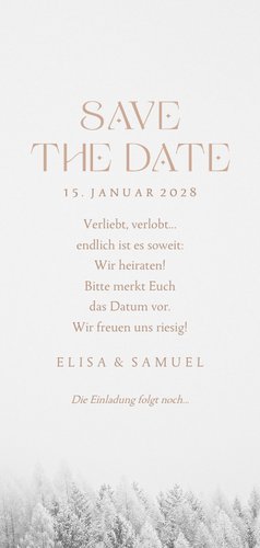 Save-the-Date-Karte Winterhochzeit Winterwald Rückseite