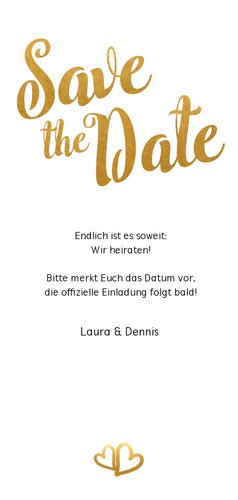 Save-the-Date-Karte zur Hochzeit Buchstaben in Goldlook Rückseite