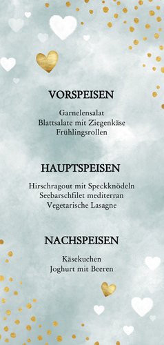 Speisekarte Aquarell blau Punkte und Herzen Rückseite