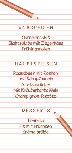 Speisekarte Einschulungsfeier rosa Buntstifte Rückseite