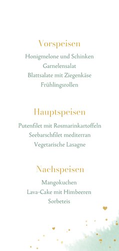 Speisekarte Hochzeit mintgrünes Aquarell & Goldherzchen 3