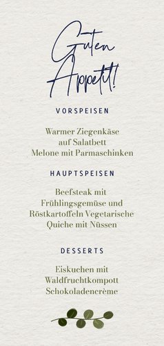 Speisekarte Menü Kommunion Zweige Botanisch Papier Rückseite