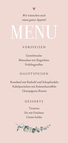 Stilvolle Menükarte Hochzeit Trockenblumen und Herzchen Rückseite