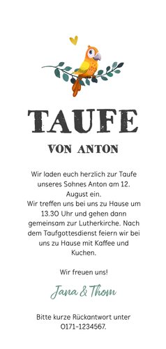 Taufeinladung mit Feder-Blumenkranz und Vogel 3