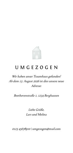 Umzugskarte in weiß mit Foto und einem kleinen Haus Rückseite