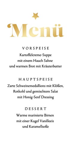 Weihnachtsmenü goldene Sterne auf weiß Karte Rückseite