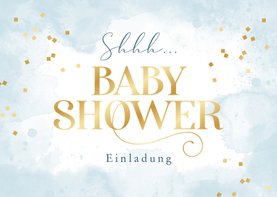 Babyshower-Einladung hellblau mit Goldschrift