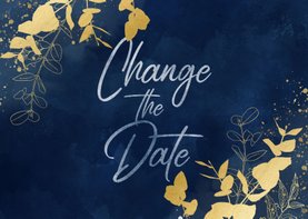 Change-the-Date-Karte Hochzeit Eukalyptus Goldlook