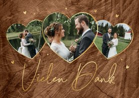 Dankeskarte Hochzeit Fotoherzen & Goldschrift auf Holz