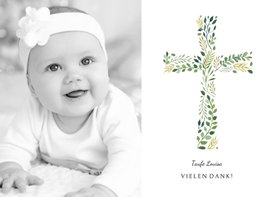 Dankeskarte Taufe botanisches Kreuz und Foto