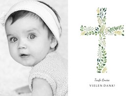 Dankeskarte Taufe botanisches Kreuz und Foto