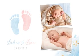 Danksagung Geburtskarte Zwilling blau-rosa Füßchen