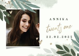 Einladung 21. Geburtstag mit Blättern, Foto und Herzen