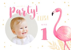 Einladung zum 1. Geburtstag rundes Foto und Flamingo