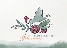 Einladung zur Taufe mit Taube und Rosen