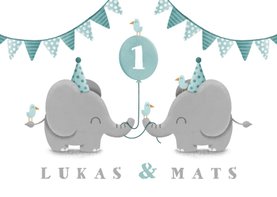 Einladungskarte Zwillinge blau Elefanten mit Luftballon 
