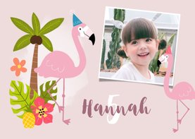Flamingo Einladung zum Kindergeburtstag mit Foto und Palmen