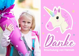 Foto-Dankeskarte Einschulung Pink Unicorn