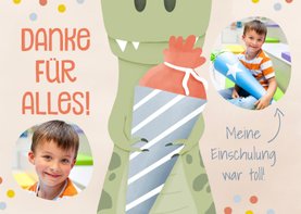 Foto-Dankeskarte zur Einschulung Dino mit Schultüte