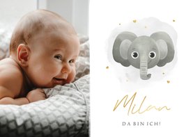 Foto-Geburtskarte mit Elefant & Name in Gold