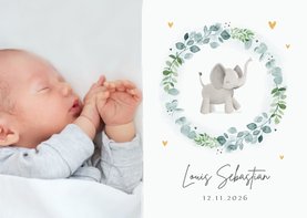 Fotokarte zur Geburt Kranz mit Elefant