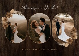 Fotoserie-Dankeskarte Hochzeit Holz mit Trockenblumen