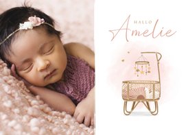 Geburtskarte Foto & Wiege rosa Aquarell