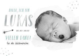 Geburtskarte mit Foto Hallo & Danke