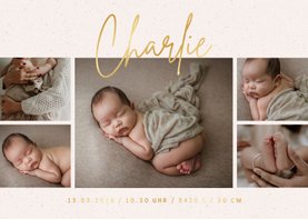 Geburtskarte mit Fotocollage & Name in Golddruck