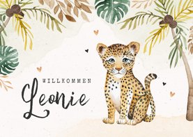 Geburtskarte mit kleinem Leopard und Palmen