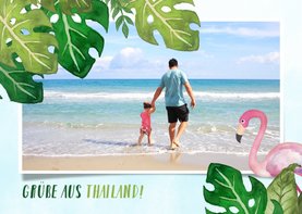 Tropische Urlaubskarte mit eigenem Foto und Flamingo