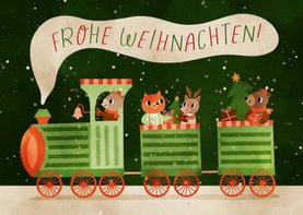 Weihnachtsgrußkarte lustiger Zug mit Tieren