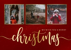 Weihnachtskarte in Rot mit Fotos und Goldschrift