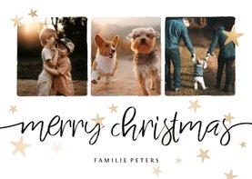 Weihnachtskarte mit drei Fotos, Sternen und merry christmas