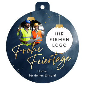 Foto-Dankeskarte Weihnachtskugel mit Logo Aquarell Blau