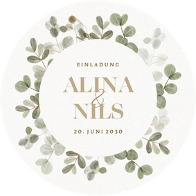 Hochzeitseinladung runde Karte Auqarell Eukalyptuskranz