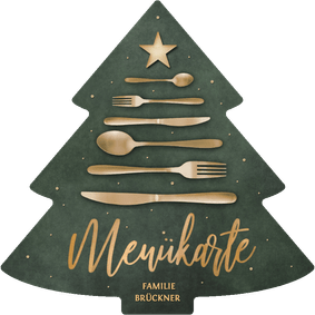 Menükarte Weihnachtsessen Tannenbaumform grün Besteck