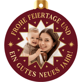 Rote Weihnachtsgrußkarte als Weihnachtskugel mit Foto