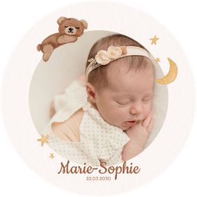 Runde Geburtskarte Foto Teddybär Mond und Sterne