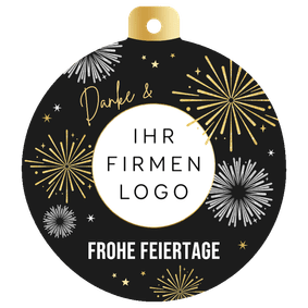 Weihnachtskarte Danke Weihnachtskugel mit Logo und Feuerwerk