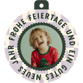 Weihnachtskarte Kugelform Karomuster lila mit Foto